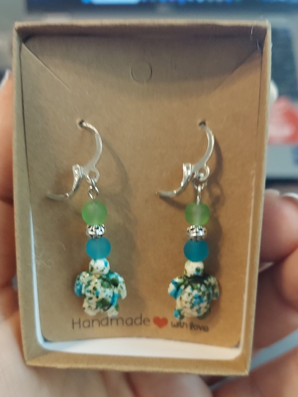 Handmade Green & Blue Turtle Drop Earrings - Handmade